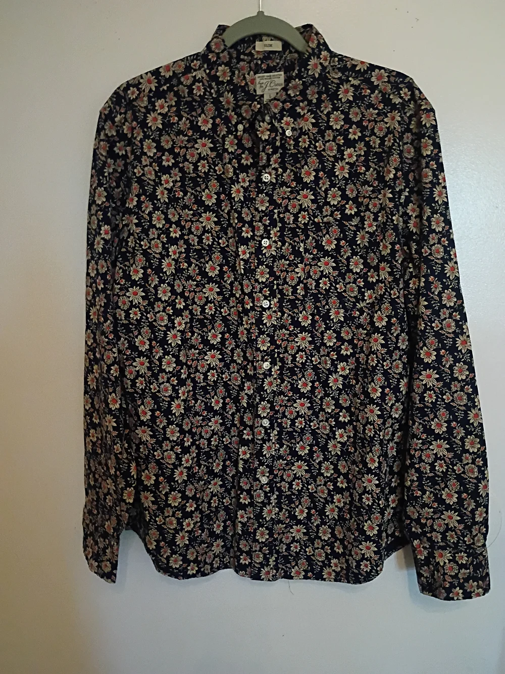 J. Crew‎ Men's Navy Floral Button-Up with Orange & Cream Blooms Sz L